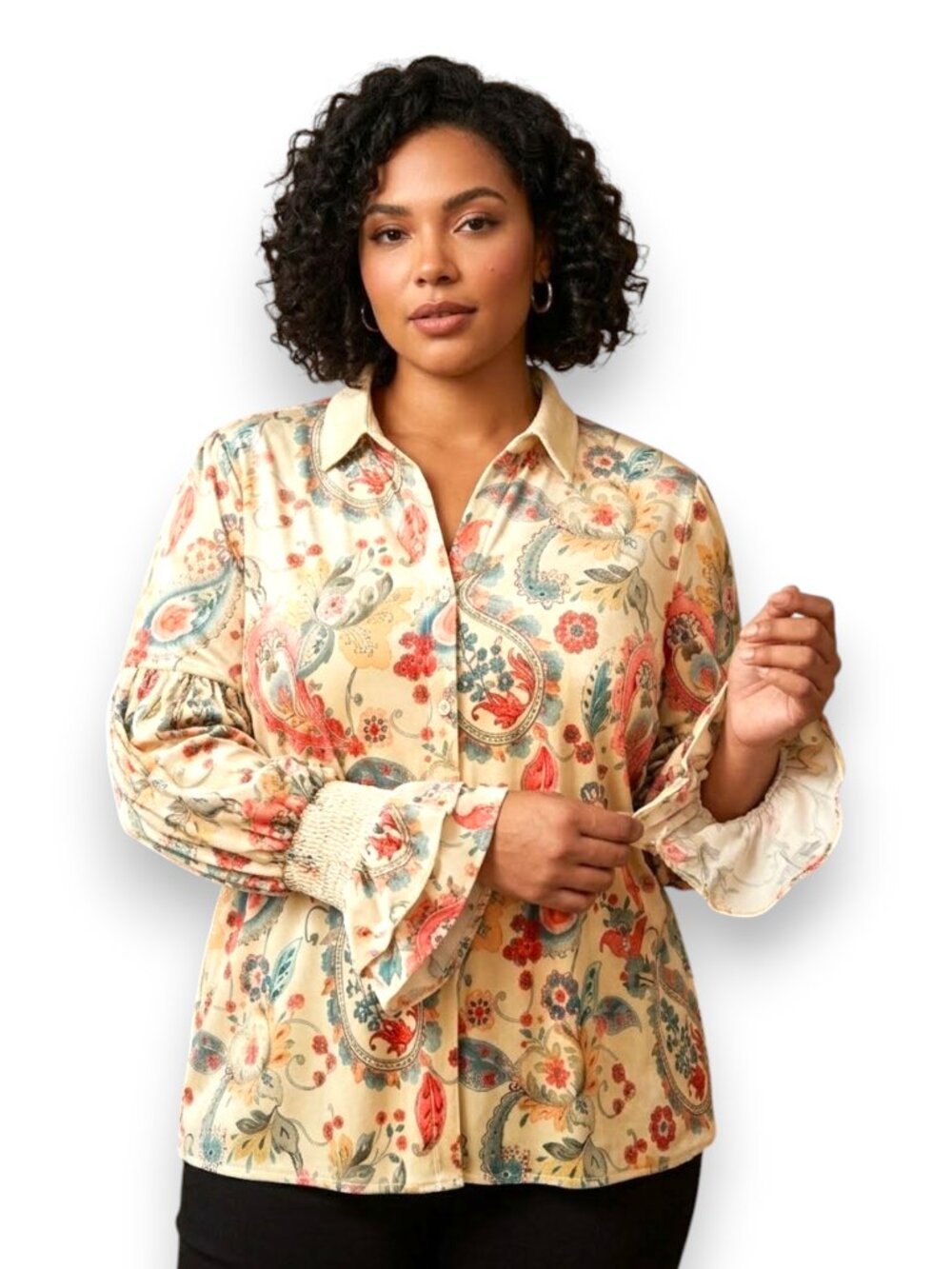 Women's Paisley Velvet Button Down Blouse Size 3X Smocked Ruffle Cuff EUC